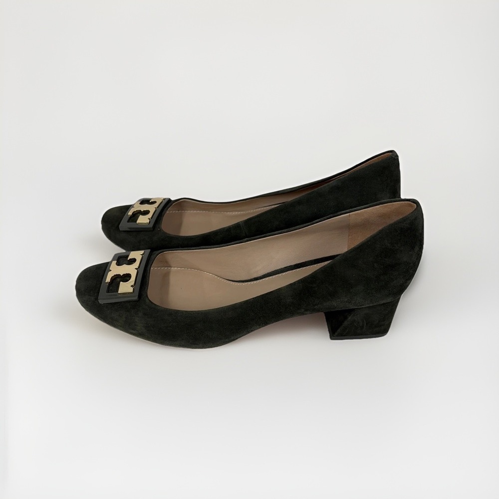 Tory Burch Gigi Suede Block Heel Pumps Womens Size 11 Olive Green Gold NWOT